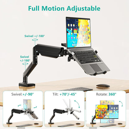 Laptop Desk Mount, 2-In-1 Monitor Mount with Adjustable Laptop Tray, Fits Max 17" Notebook and 34" Computer Screen, Max Holds 22-26.4 Lbs, Single Monitor Laptop Stand for Desk (GSMP001NLP), Black