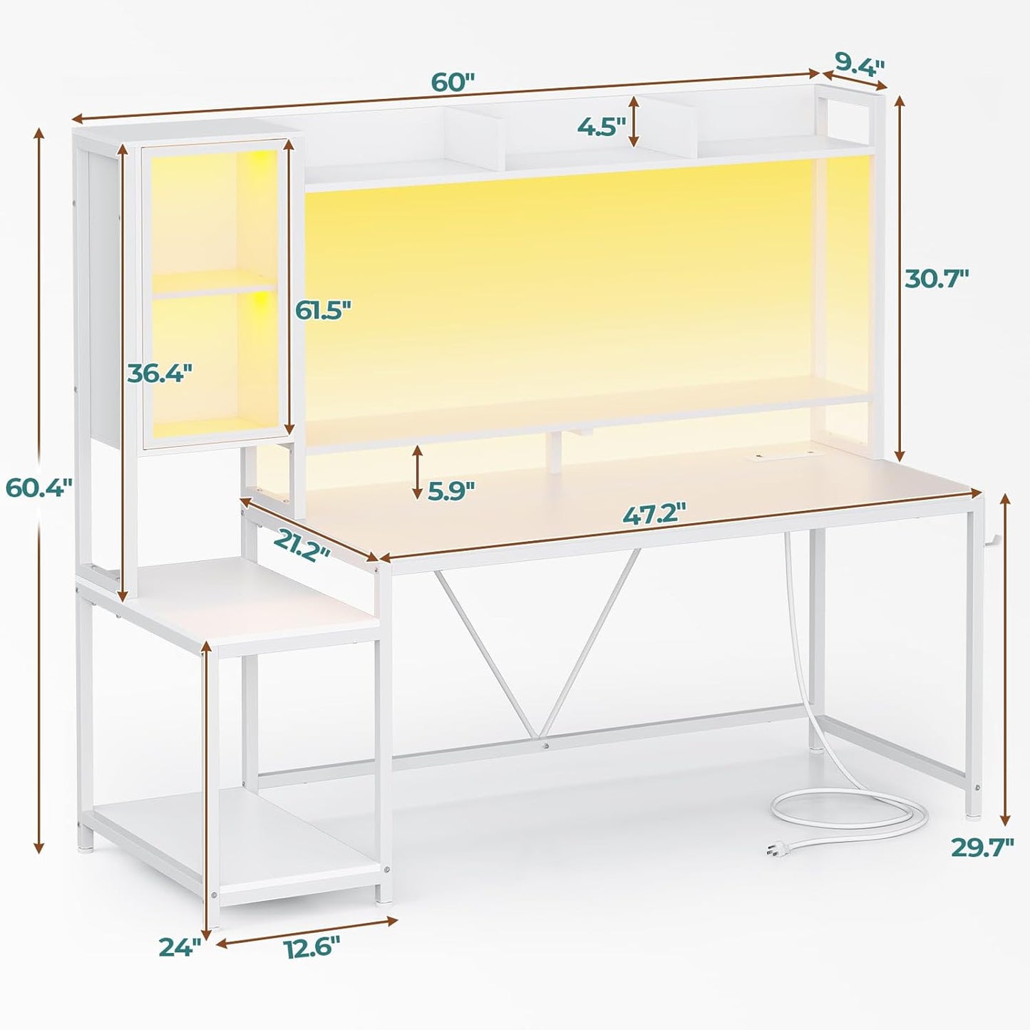 White Gaming Desk, 60'' Gaming Desk with Hutch and LED Lights, Computer Desk with Storage Shelves, Large PC Gamer Desk with Display Cabinet, Monitor Stand, Power Outlet for Home Office