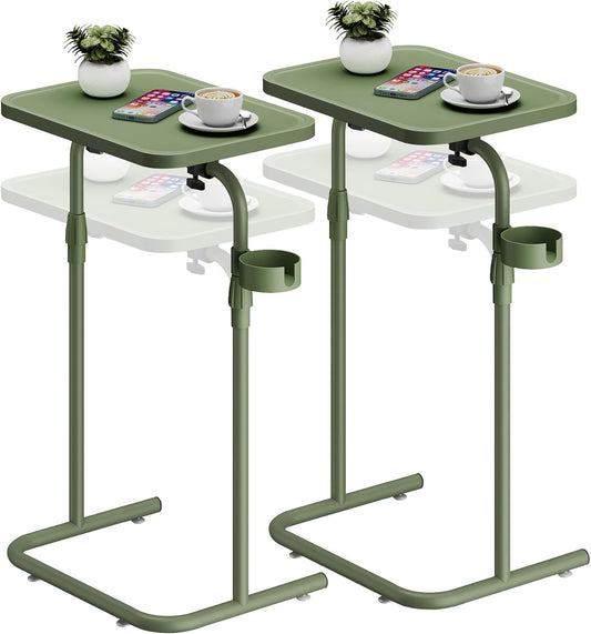 C Shaped End Table with Tiltable Surface, Set of 2, Adjustable Height Side Table, Slide under Couch Table TV Tray for Eating, Sofa Tray for Livingroom, Bedroom Olive Green TB01BOG0912
