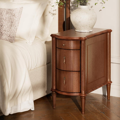 Nightstand W/Charging Station & 3 Drawers, Pre-Assembled, Vintage Side Table W/Antique-Finished Pulls, Rustic Wood Finish, Narrow End Table W/Turned Legs for Bedroom (1, Brown)