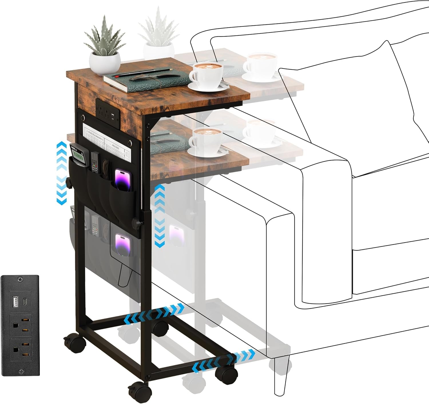 Adjustable Height Couch Table with USB-C Charging Station & Pocket Storage – Compact Couch Stand with Hooks & Wheels for Small Spaces & Living Room, Adjustable C Table