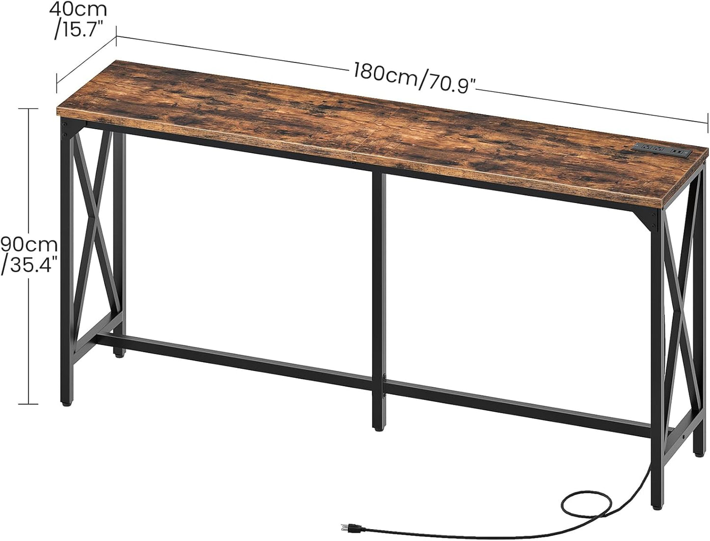 70.9'' Bar Table, Kitchen Dining Table with Power Outlet and Footrest, Industrial Style, for Pub, Living Room, Rustic Brown and Black TBT08UBF