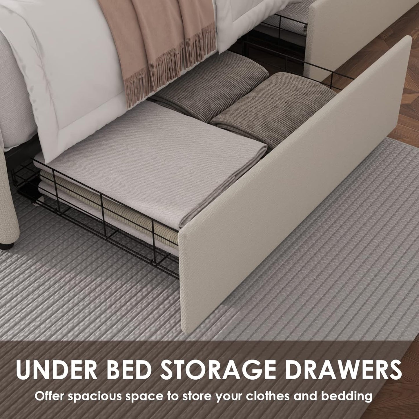 Queen Bed Frame with 4 Storage Drawers and Adjustable Headboard, Upholstered Platform Bed with Button Tufted Design, Strong Wooden Slats Support, No Box Spring Needed, Fabric, Cream