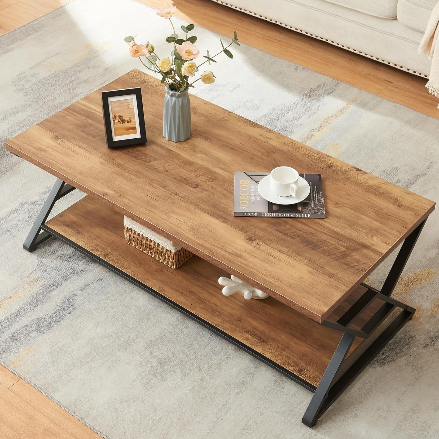 Coffee Table, Rustic Rectangle Coffee Table with 2-Tier Storage, Engineered Wood Center Table with Open Shelves, Minimalist Coffee Table for Living Room, 47 Inch, Oak Brown