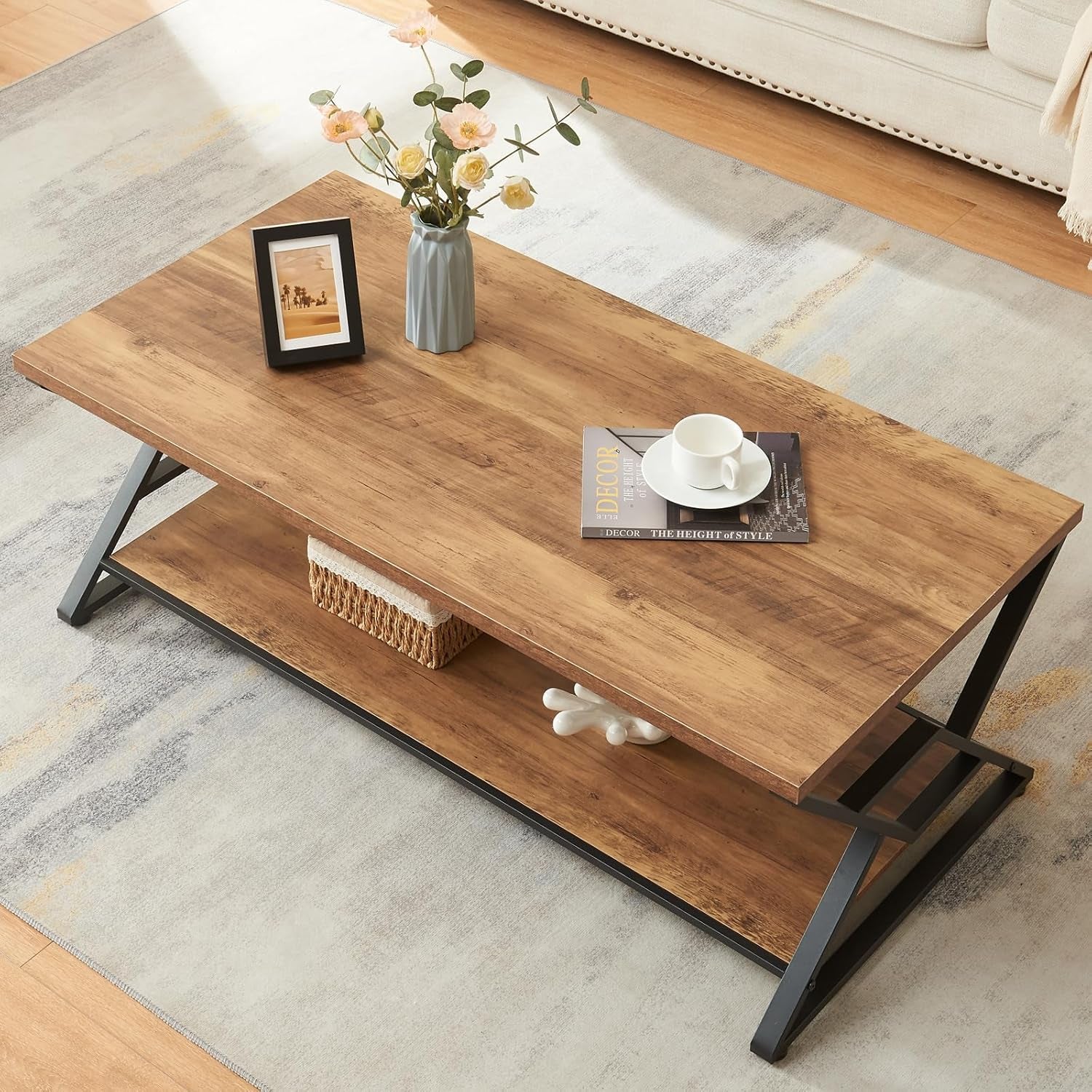Coffee Table, Rustic Rectangle Coffee Table with 2-Tier Storage, Engineered Wood Center Table with Open Shelves, Minimalist Coffee Table for Living Room, 47 Inch, Oak Brown