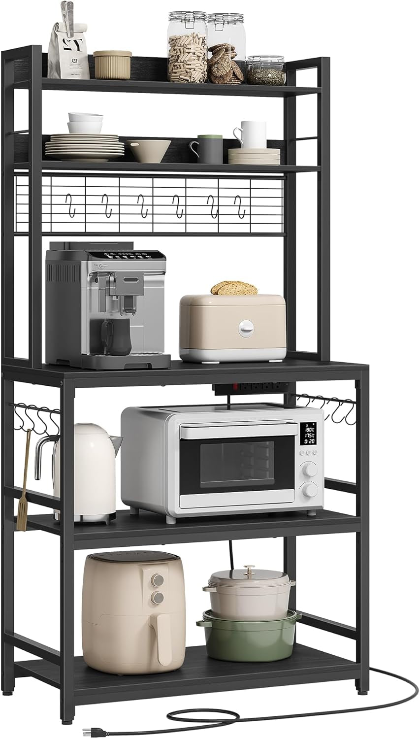 Hutch Bakers Rack with Power Outlet, 14 Hooks Microwave Stand, Adjustable Coffee Bar with Metal Wire Panel, Kitchen Storage Shelf, 15.7 X 31.5 X 66.9 Inches, Charcoal Gray and Ink Black