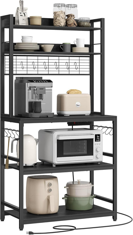 Hutch Bakers Rack with Power Outlet, 14 Hooks Microwave Stand, Adjustable Coffee Bar with Metal Wire Panel, Kitchen Storage Shelf, 15.7 X 31.5 X 66.9 Inches, Charcoal Gray and Ink Black