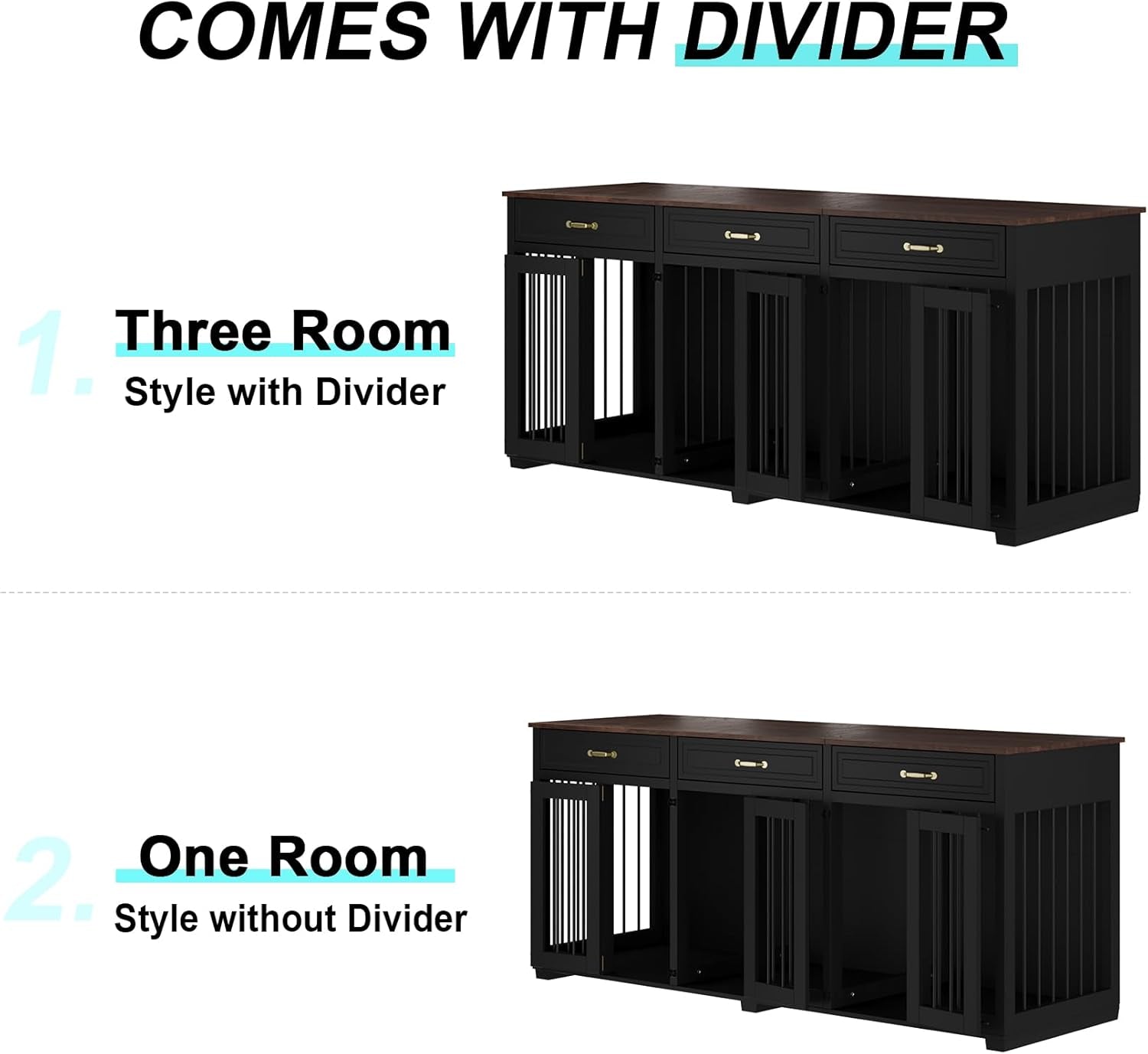 Dog Crate Furniture - Indoor Wooden Dog Kennel with 2 Dividers, 3 Drawers, and 3 Lockable Doors, 72"X23.6"X31.5"H, Black