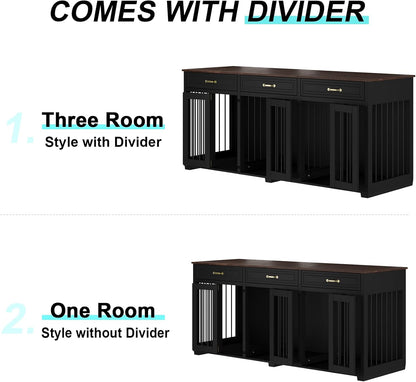 Dog Crate Furniture - Indoor Wooden Dog Kennel with 2 Dividers, 3 Drawers, and 3 Lockable Doors, 72"X23.6"X31.5"H, Black