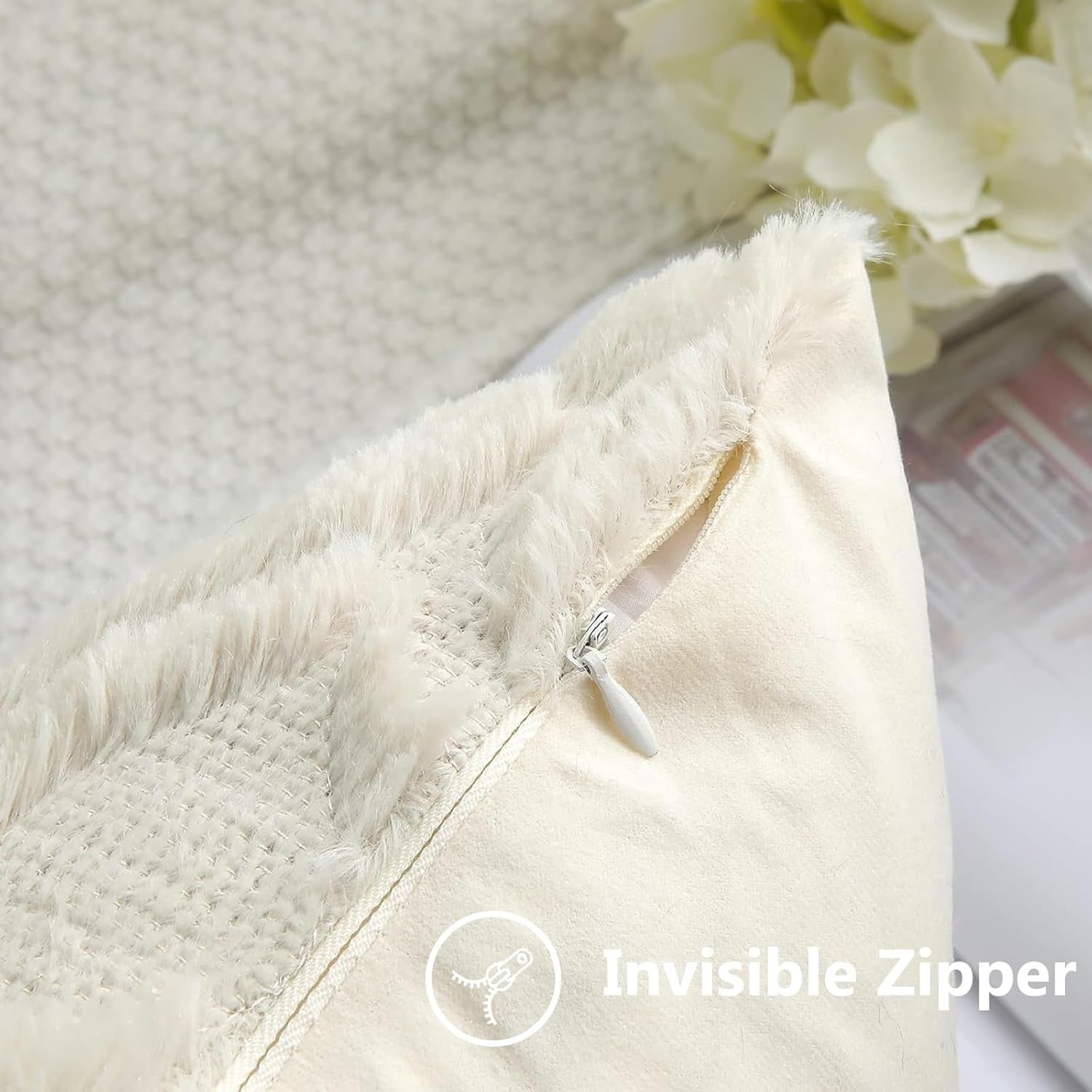 Fall Throw Pillow Covers 18X18 Inch Set of 2, Soft Plush Decorative Faux Fur Beige Solid Couch Pillow Covers, Accent Farmhouse Neutral Square Euro Pillow Cases for Sofa Bed Living Room