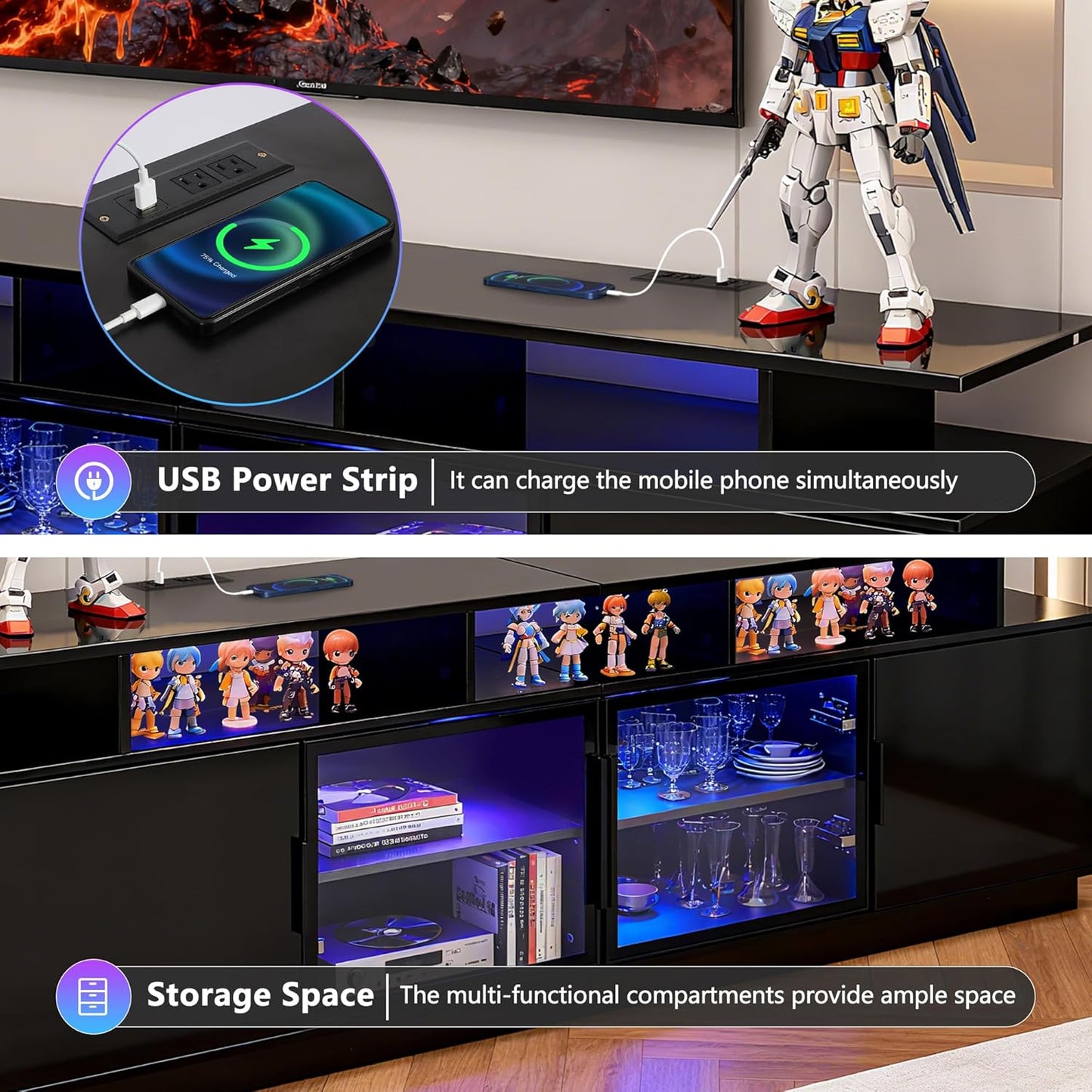 70 Inch Black TV Stand with LED Lights, Power Strips, and USB Charging Station for Mobile Phones, Transparent Glass Door Storage Cabinet, Entertainment Center with Large Storage Space