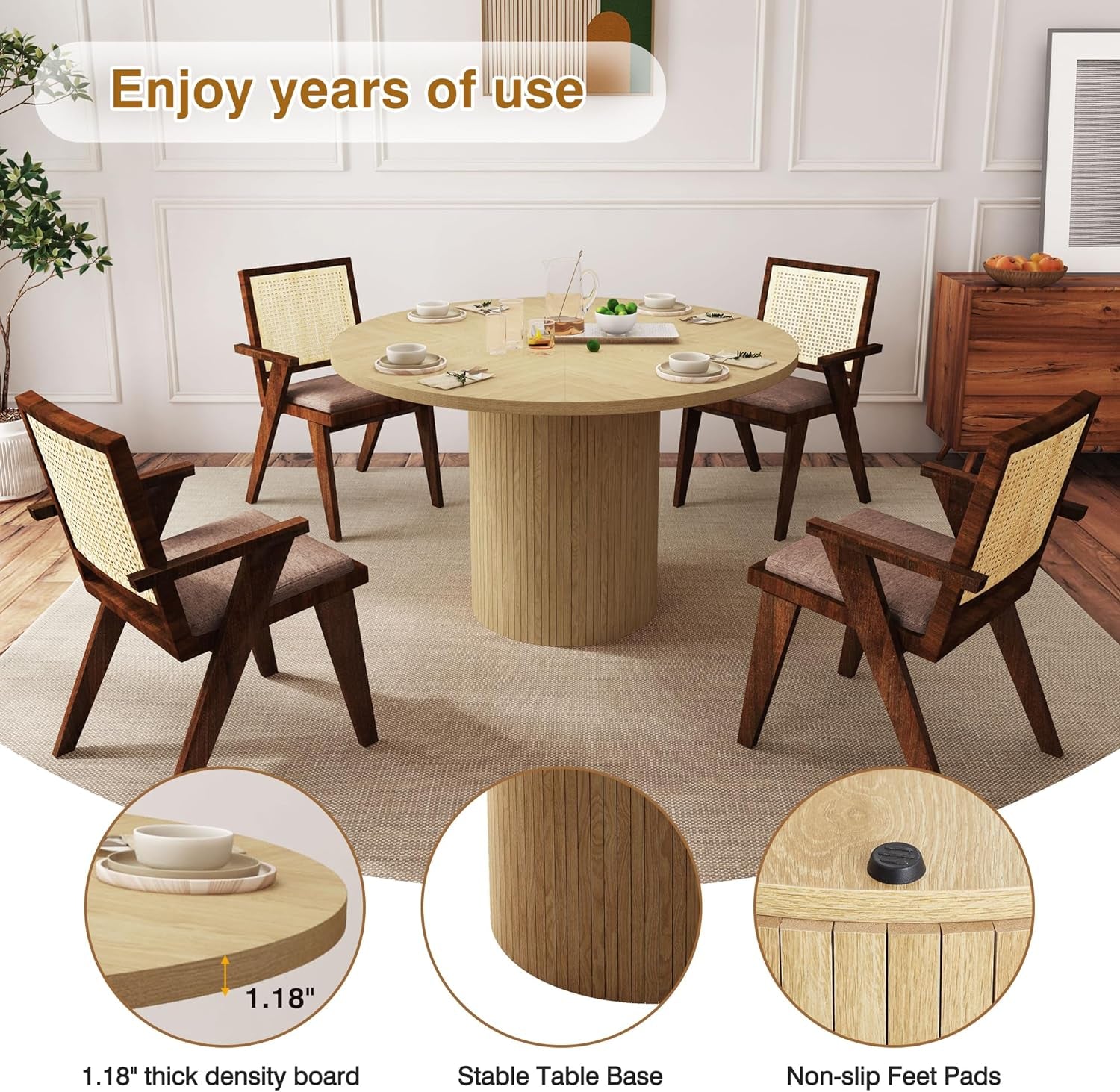 47 Inch round Dining Table, Farmhouse Fluted Dining Kitchen Table, Modern Wood Small Circle Dining Table for Kitchen Living Room, Natural