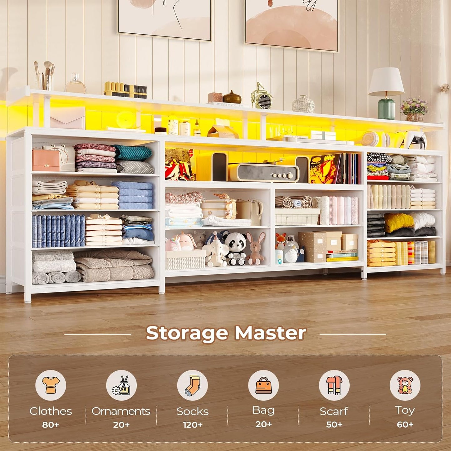 TV Stand Dresser for 65 Inch TV, 63" W Dresser with LED Lights & Charging Station, White Long Dresser with 12 Fabric Drawers, Entertainment Center with Shelves,For Living Room