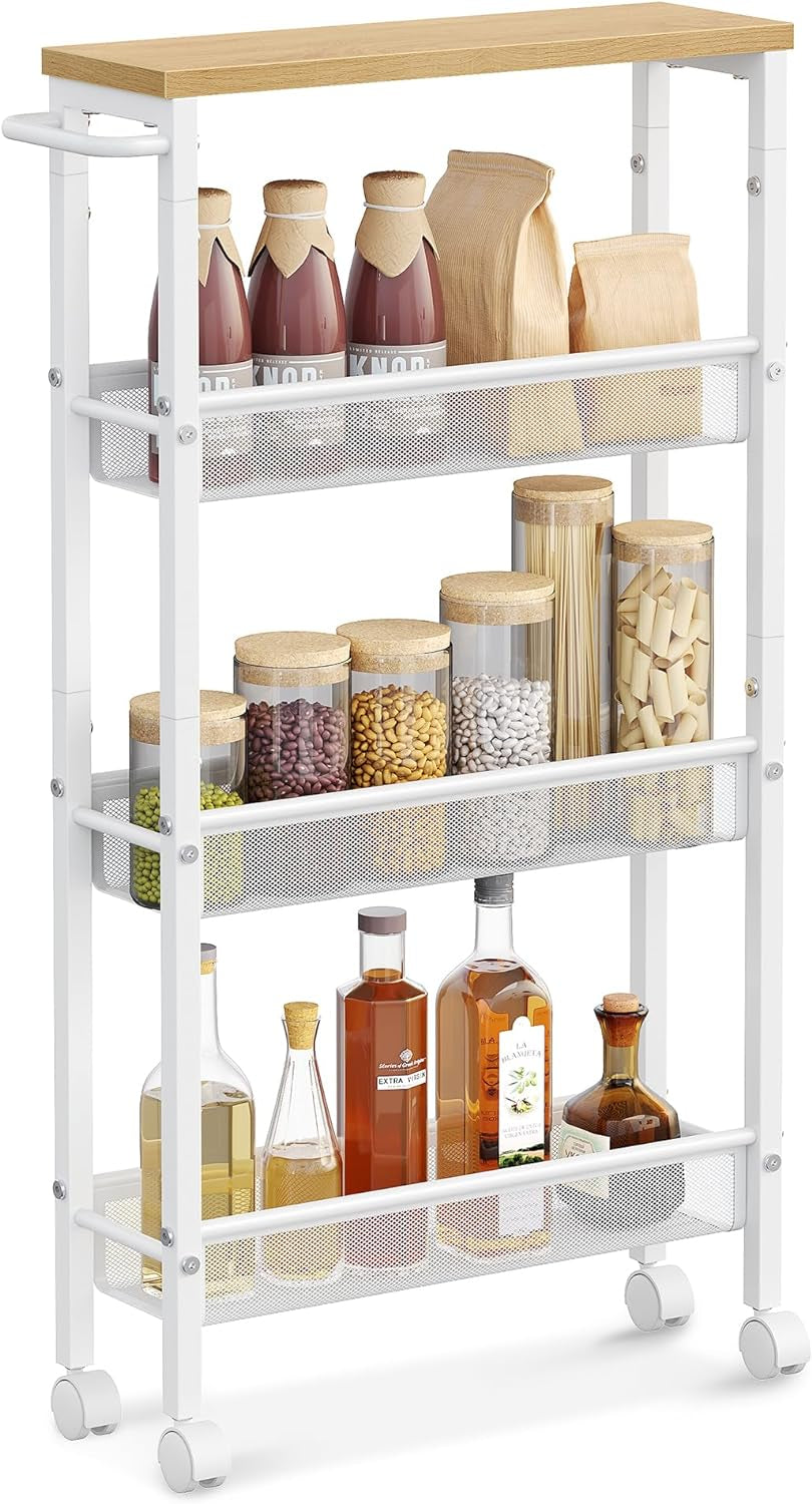 Slim Rolling Cart, 4-Tier Storage Cart, Narrow Cart with Handle, 5.1 Inches Deep, Metal Frame, for Kitchen, Dining Room, Living Room, Home Office, Oak Beige and Classic White ULRC032W09
