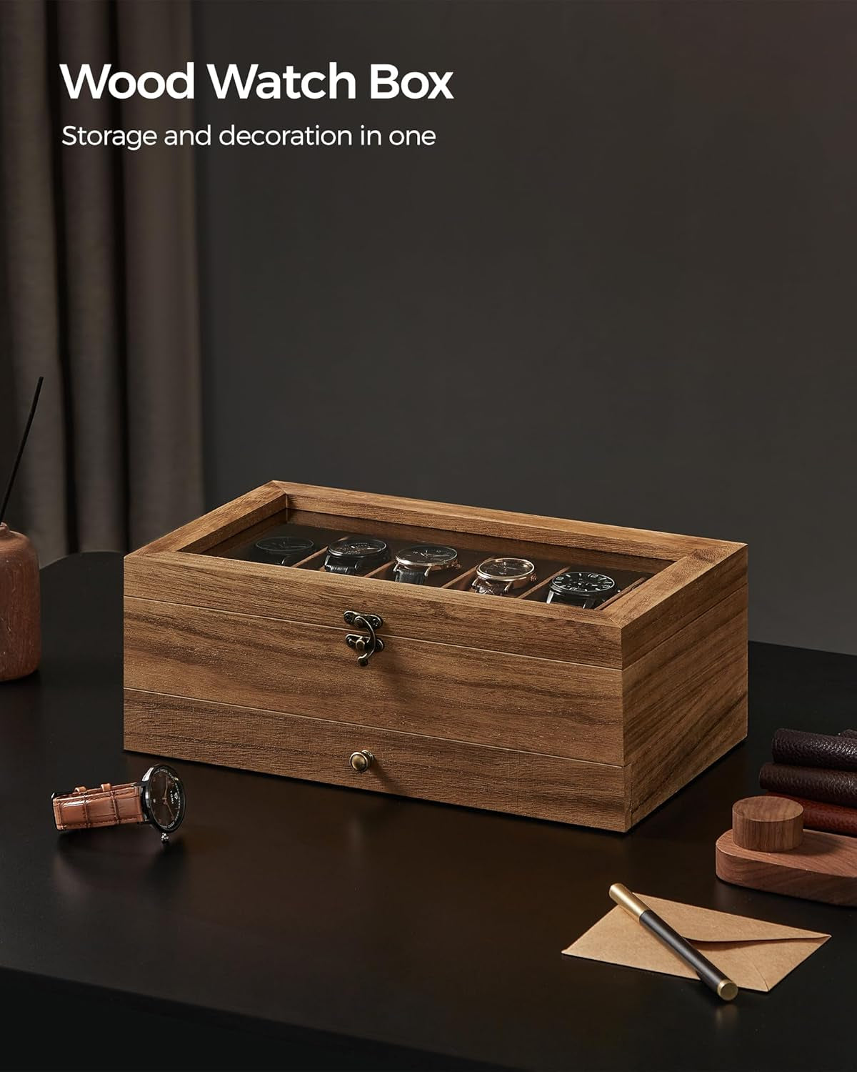 Watch Boxes Bundle, 12-Slot Watch Case, 2-Tier Watch Display Case, with Large Glass Lid, Solid Wood Watch Box Organizers, Gift for Loved Ones, Rustic Walnut UJOW120K01 and UJOW012K01