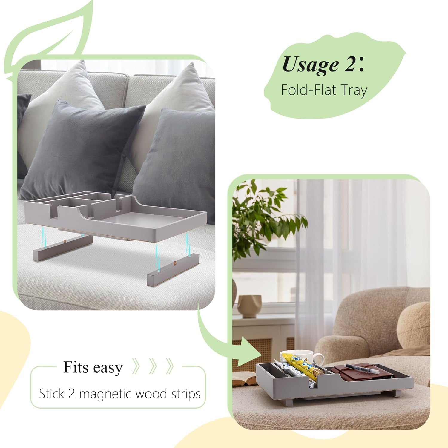 Couch Tray Insert for Middle, Bamboo 15.3″X9.8″ Sofa 2 Cups Holder Table between Couch Cushions, Fit Armless Couch/Sectional, 2-In-1 Fold-Flat Tray for Drink Snack Remote Holder, Gray