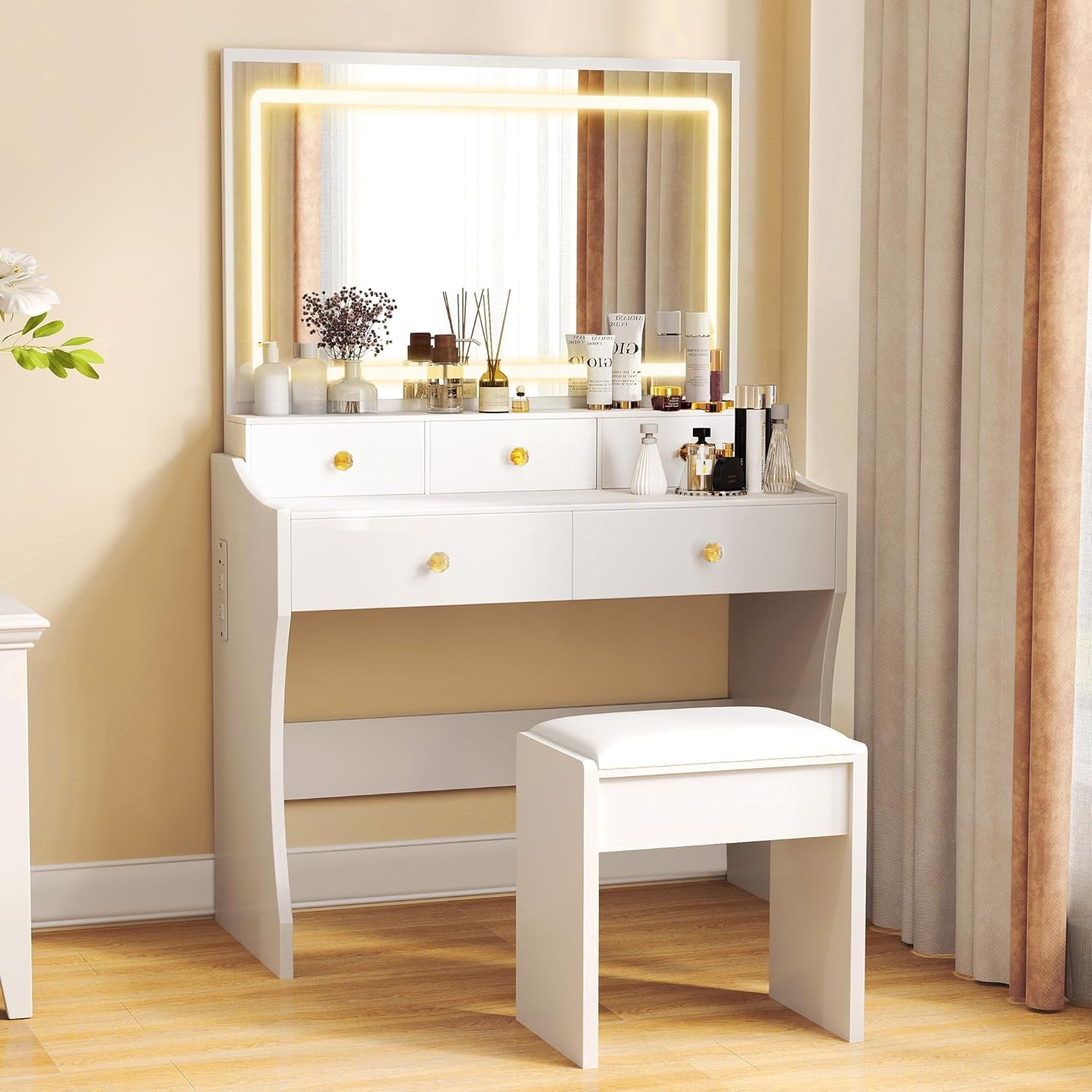 Makeup Vanity Desk with Mirror and Lights, Vanity Table and Chair Set with 5 Drawers and Charging Station, Bedroom Dresser LED Mirror Stepless Dimmable & 3 Color Modes Adjustable, White