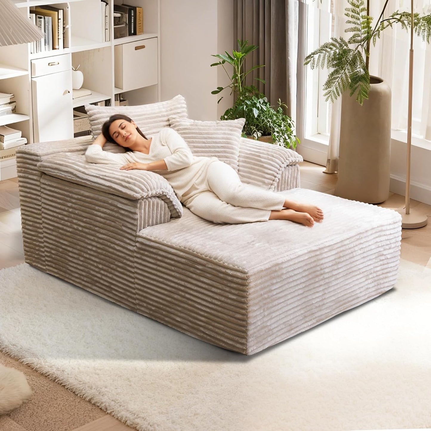 Oversized Chaise Lounge Chair Indoor, Upholstered Single 61'' Rolled Arm Boneless Cloud Sofa Bed Sleeper Couch, No Assembly Faux Rabbit Fur Memory Foam Reading Chair for Living Room Bedroom Beige