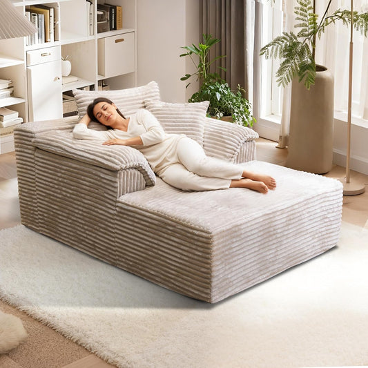 Oversized Chaise Lounge Chair Indoor, Upholstered Single 61'' Rolled Arm Boneless Cloud Sofa Bed Sleeper Couch, No Assembly Faux Rabbit Fur Memory Foam Reading Chair for Living Room Bedroom Beige