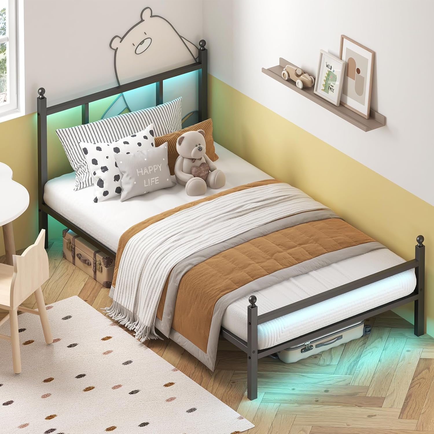 Twin Bed Frame with Charging Station, Metal Bed Frame with Port and Outlet, Black