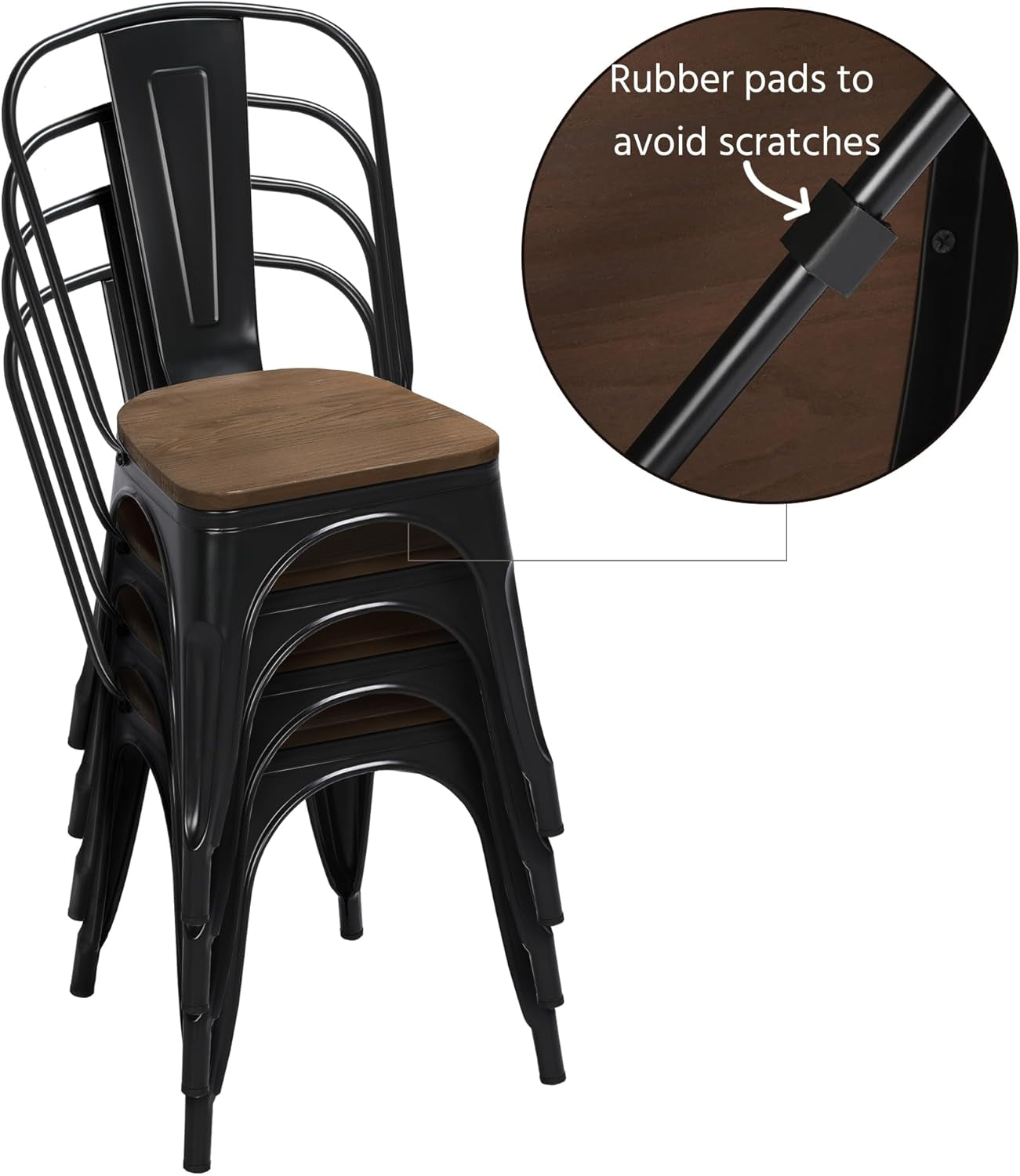 Metal Dining Chairs Set of 4, Industrial Stackable Kitchen Chairs with Wood Top Seat for Dining Room/Restaurant/Bistro/Patio, Indoor & Outdoor Use, Black