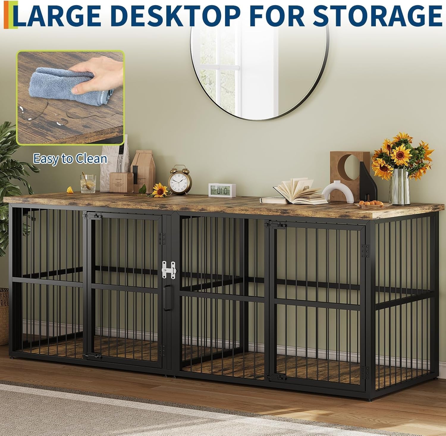 87 Inch Extra Large Double Dog Crate Furniture with Divider, Heavy Duty Kennel with 3 Lockable Doors, Wooden Indoor Pet House TV Stand for 2 Small Medium Large Dogs, Black