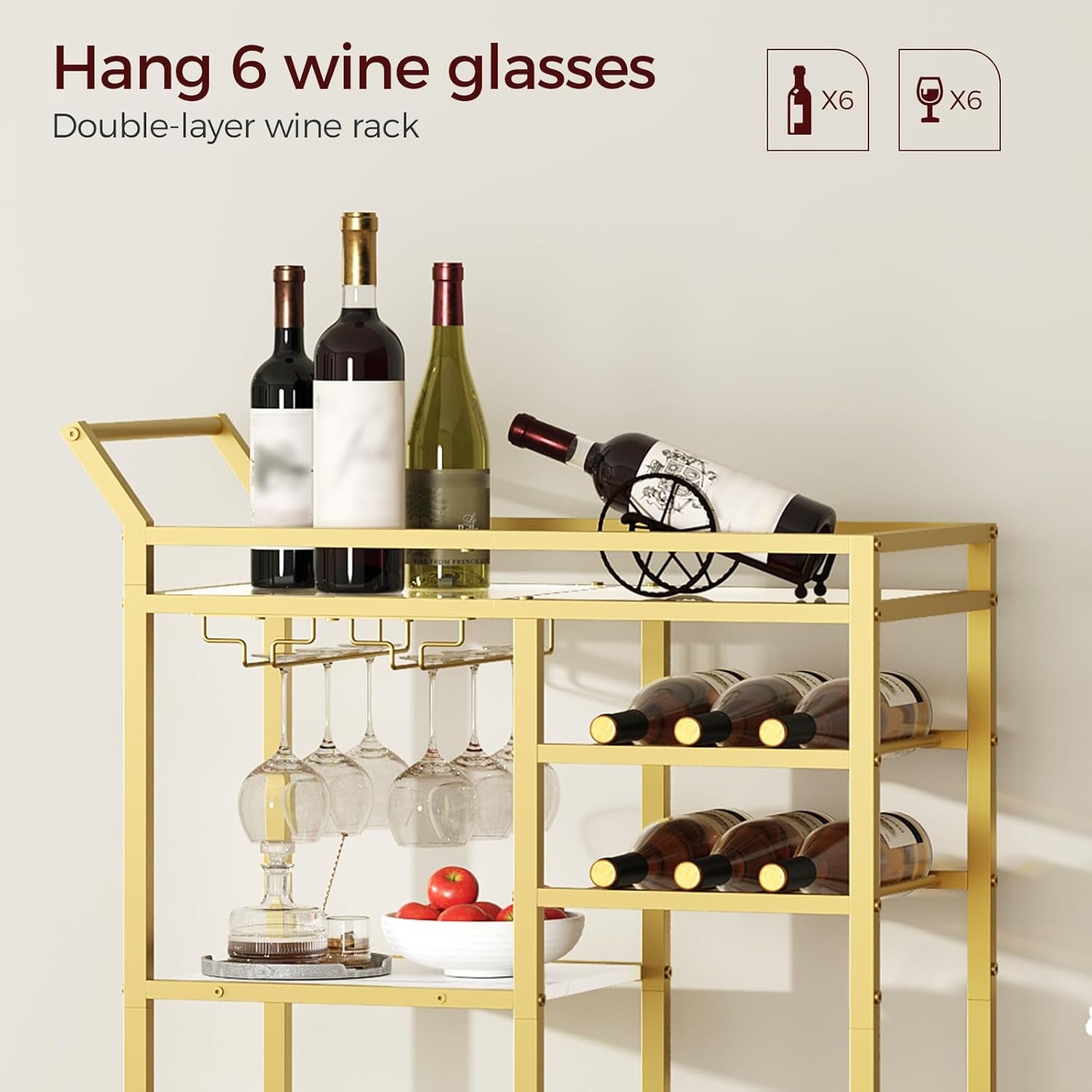 Bar Cart for Home, 3-Tier Serving Cart with Glass Top, Beverage Cart with Wine Rack and Glass Holder, Drink Cart with Wheels, for Dining Room, Living Room, Gold and White RCJM71B01