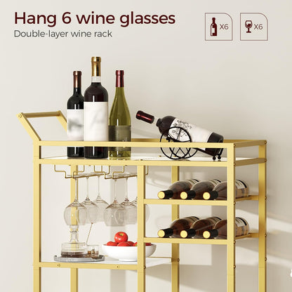 Bar Cart for Home, 3-Tier Serving Cart with Glass Top, Beverage Cart with Wine Rack and Glass Holder, Drink Cart with Wheels, for Dining Room, Living Room, Gold and White RCJM71B01