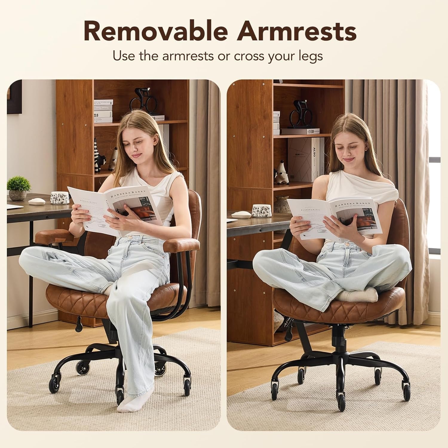 Home Office Desk Chair Office Rubber Casters Ergonomic Computer Chair with Lumbar Support Adjustable Height Rolling Swivel Executive Task Armrests Chair， Brown Leather
