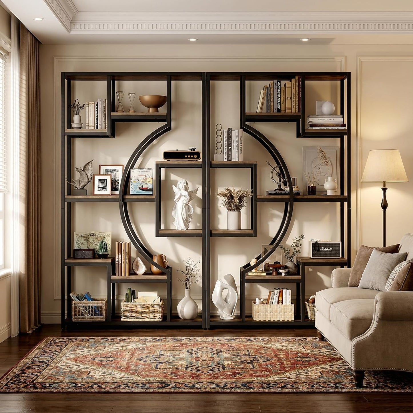 70.8" Tall Bookshelf Set of 2, 79" Wide Geometric Display Shelf with 18 Open Storage Shelves, Scratch-Resistant Gray Wash & Metal Frame, for Living Room, Office, Bedroom – Anti-Tip & Adjustable Feet