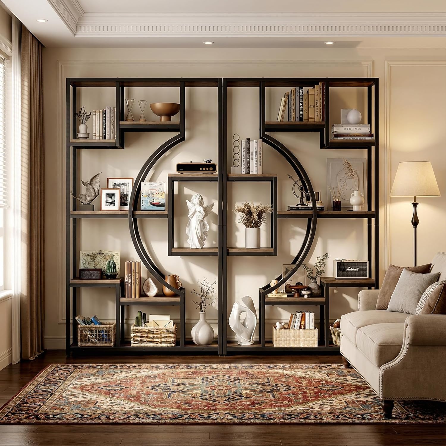 70.8" Tall Bookshelf Set of 2, 79" Wide Geometric Display Shelf with 18 Open Storage Shelves, Scratch-Resistant Gray Wash & Metal Frame, for Living Room, Office, Bedroom – Anti-Tip & Adjustable Feet