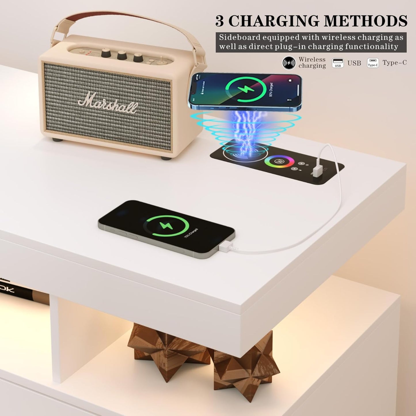 Sideboard Buffet Cabinet with Charging Station, Coffee Bar Table with RGB LED Light, Auto-Sensor Design, Bar Cabinet with Storage with 3 Drawers and 2 Doors for Kitchen, Dinning(White)