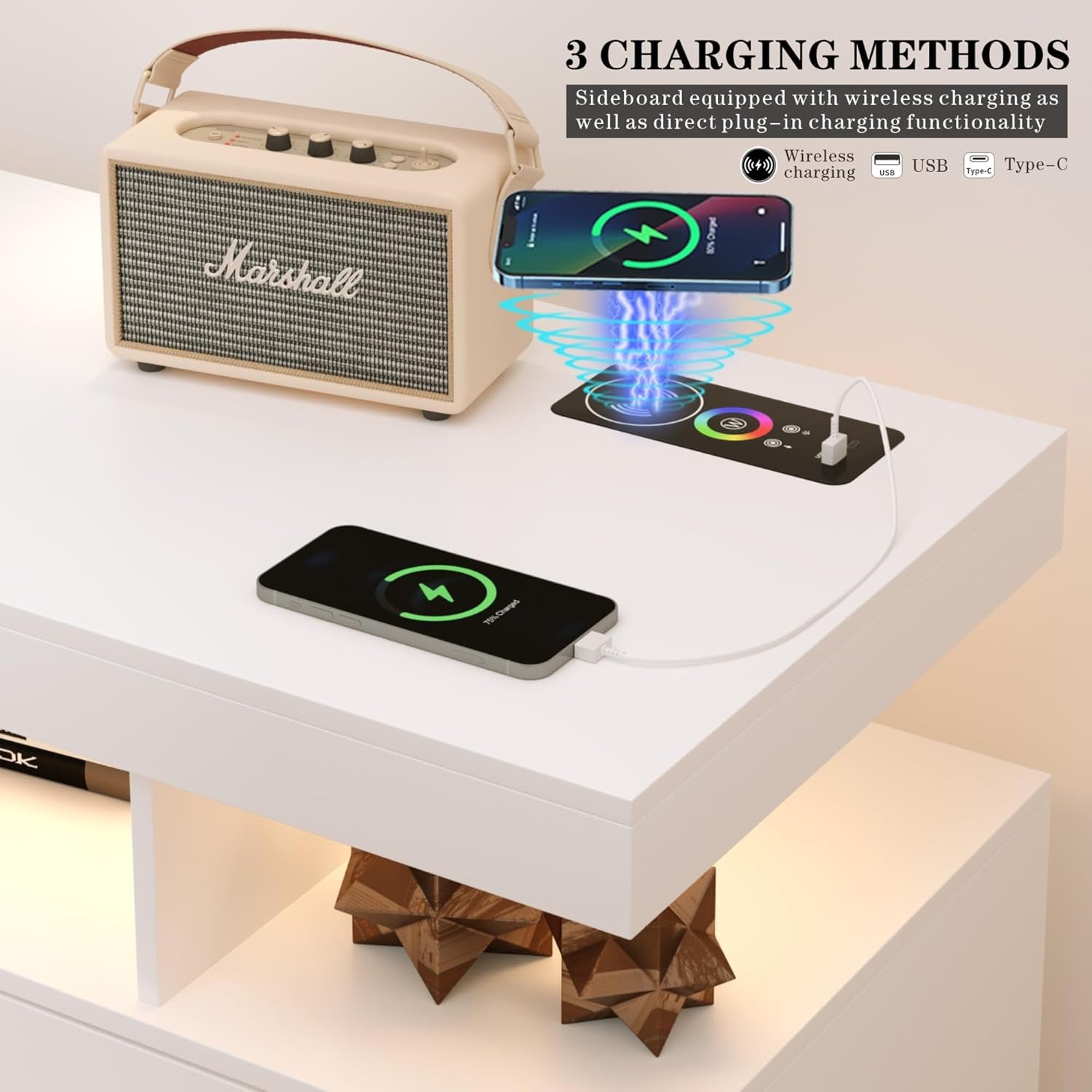 Sideboard Buffet Cabinet with Charging Station, Coffee Bar Table with RGB LED Light, Auto-Sensor Design, Bar Cabinet with Storage with 3 Drawers and 2 Doors for Kitchen, Dinning(White)