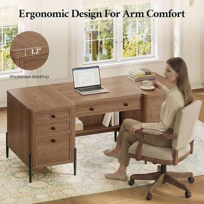 63" Executive Desk with 5 Drawers, Farmhouse Home Office Desks with 2 Storage Cabinet and Keyboard Tray, Large Boss Desk with Privacy Panel, Modern Table with Open Shelf and File Drawer