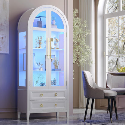 71 Inch Arched Curio Cabinet, 4-Tier Display Cabinet and 2 Drawers, Tall Bookcase with 3 Color Lights, Display Case with Glass Doors, Kitchen Pantry, White