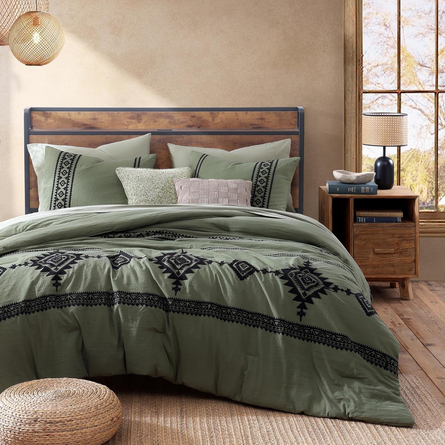MAIREVE Embroidery Comforter Sets King Size Olive Green - 7 Pieces, Farmhouse Western Bedding Comforter Set, All Season Bed in a Bag King with Sheets, Comforters, Pillowcases & Shams