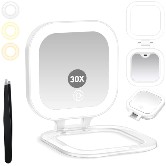 Travel Mirror with Light, Compact Mirrors, 1X/30X Magnifying Mirror with 3 Color Lights and Adjustable Brightness, 4.5X3.9 Inch Small Compact Hangable Hand Pocket Mirrors, Comes with Tweezer