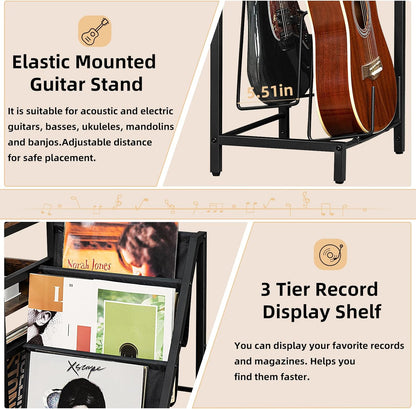 Record Player Stand, Adjustable Guitar Stand for Acoustic Guitar, Electric Guitar, Bass, Turntable Stand with Vinyl Display Shelf Storage up to 150 Albums,Brown End Table for Music Room