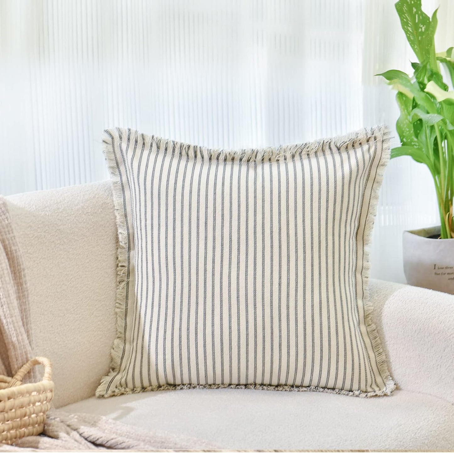 Throw Pillow Covers 18X18 Set of 2 Striped Pillow Covers with Fringe Chic Cotton Decorative Pillows Square Cushion Covers for Sofa Couch Bed Living Room Farmhouse Decor