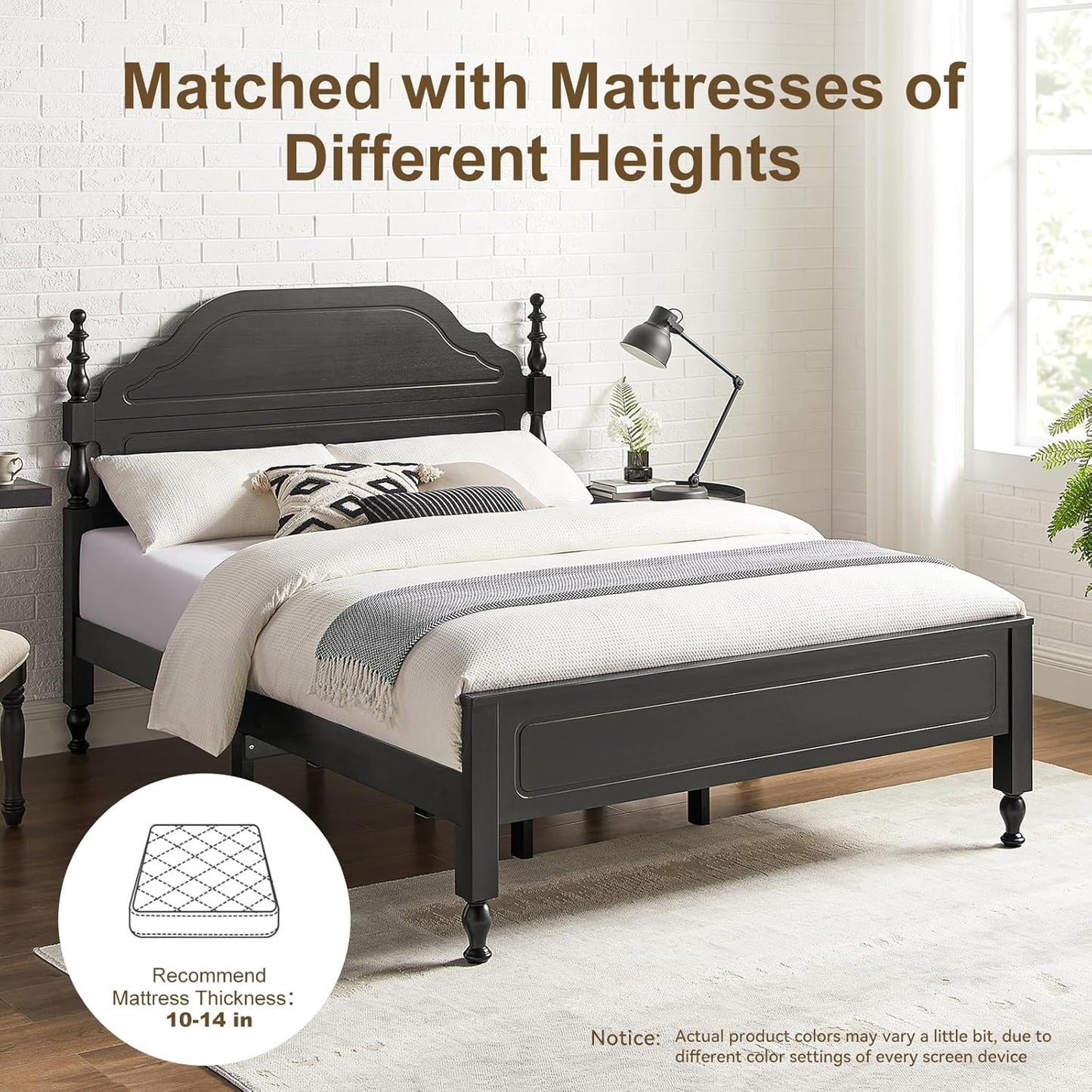 Wood Queen Size Bed Frame with Wooden 50" Tall Headboard, Heavy Duty 12 Solid Wood Slats Support, Rubber Wood Platform Bed Frame with Large under Bed Storage, No Box Spring Needed, Rustic Black