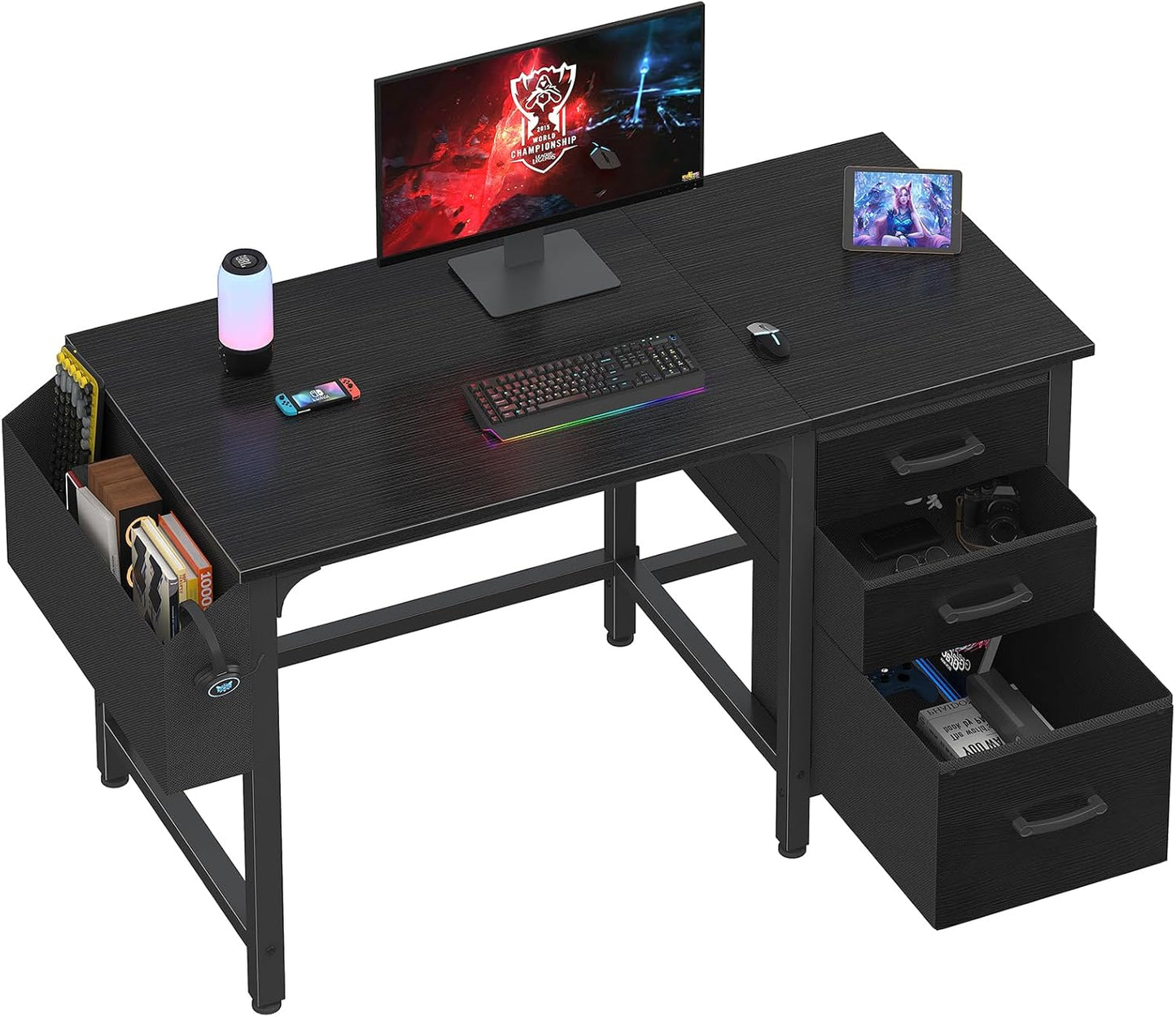 Computer Desk with File Drawers Cabinet, 47 Inch Reversible Home Office Desks with Filing Cabinet for Small Space, Gaming Study Writing Table PC Desks, Black