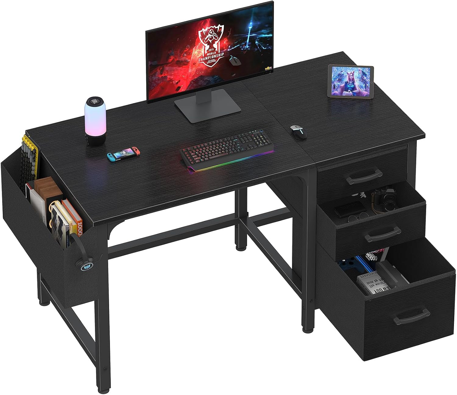 Computer Desk with File Drawers Cabinet, 47 Inch Reversible Home Office Desks with Filing Cabinet for Small Space, Gaming Study Writing Table PC Desks, Black