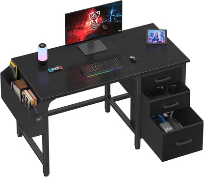 Computer Desk with File Drawers Cabinet, 47 Inch Reversible Home Office Desks with Filing Cabinet for Small Space, Gaming Study Writing Table PC Desks, Black