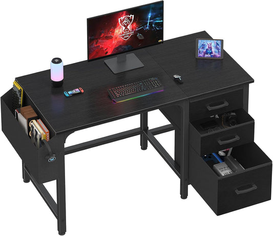 Computer Desk with File Drawers Cabinet, 47 Inch Reversible Home Office Desks with Filing Cabinet for Small Space, Gaming Study Writing Table PC Desks, Black