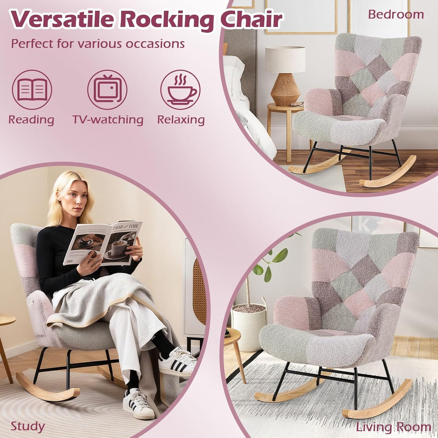 Rocking Chair Nursery, Boucle Upholstered Glider Rocker W/Ergonomic High Backrest, Rubber Wood Legs & Side Pocket, Patchwork Modern Accent Chair for Bedroom, Living Room, Offices