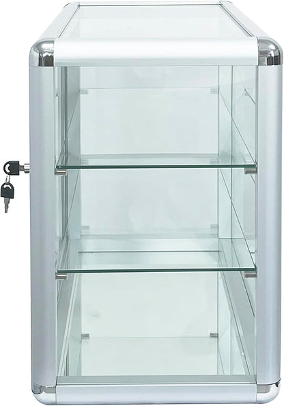 Aluminum Display Showcase with Removable Glass Shelves, Tempered Counter Top Glass Case with Lock and Key (Silver, 24" L X 12" D X 18" H)