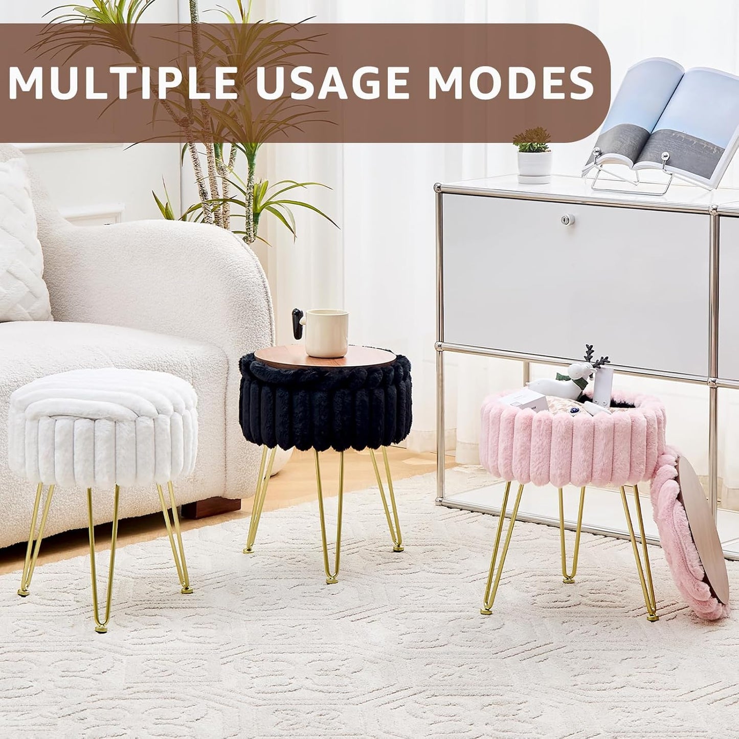 Vanity Stool with Storage, Faux Fur Ottoman Chair with Metal Legs, round Makeup Vanity Chair for Bedroom or Dressing Table, Modern Small Ottoman Seat (Black)