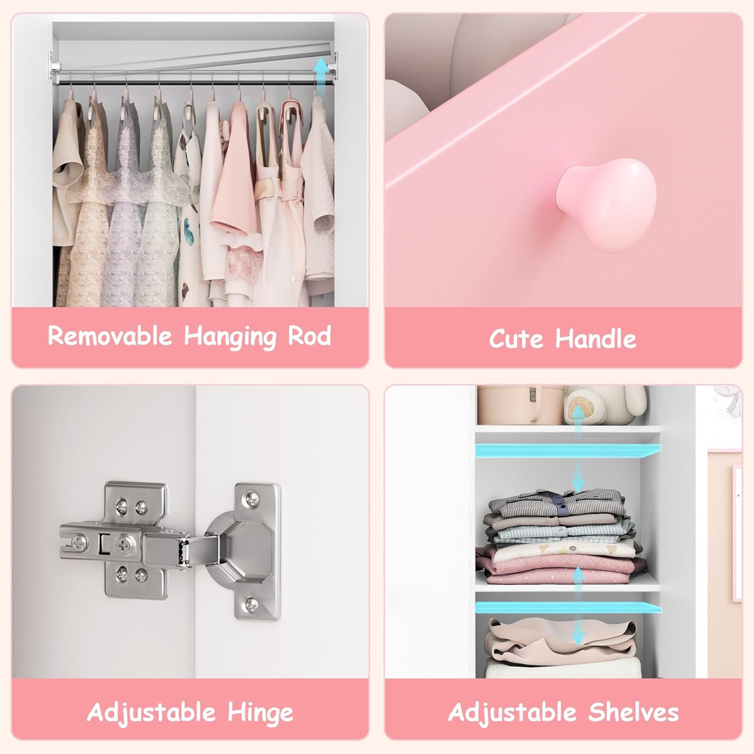 White Armoire Wardrobe Closet with Adjustable Storage Shelves and Drawers, Freestanding Wooden Wardrobe Cabinet Closet, Kids Bedroom Armoire with 3 Doors, Hanging Rod, Toy Storage for Kids' Room, Dorm