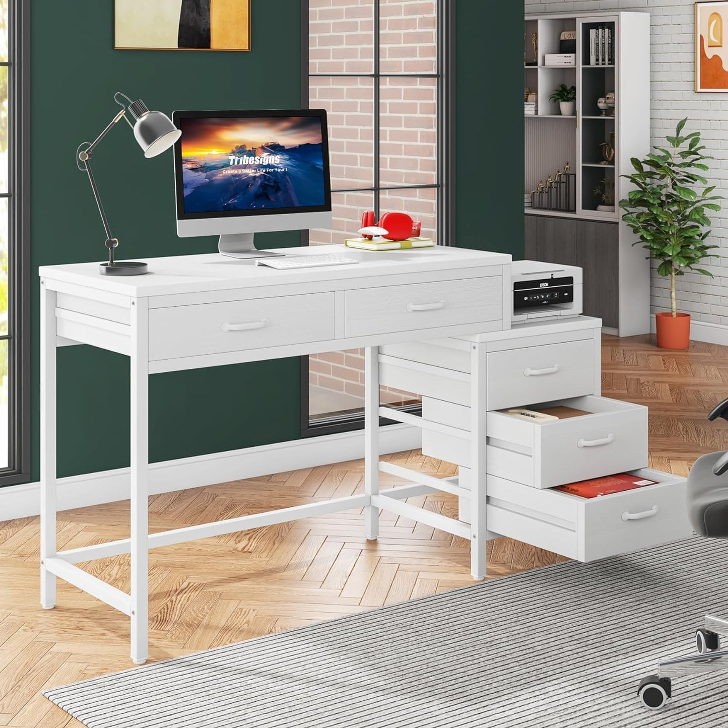 Computer Desk with 5 Drawers, Home Office Desks with Reversible Drawer Cabinet Printer Stand, Industrial PC Desk with Storage, White Study Writing Table Workstation for Small Spaces