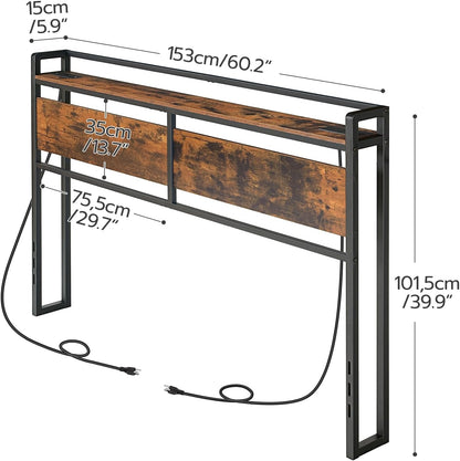 Headboard Queen Size, Headboard with 2 Outlets and 4 USB Ports, Adjustable Height, Storage Rack, Sturdy and Stable, Easy Assembly, Rustic Brown and Black